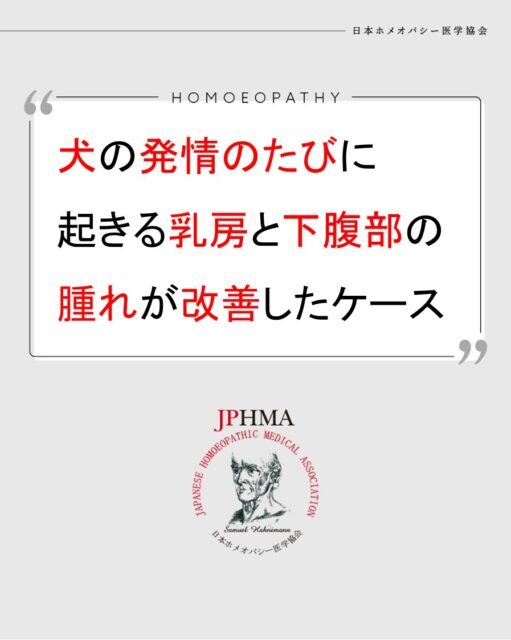 本ケースは2025年に開催された第26回JPHMAコングレスへ今村香ホメオパス（日本ホメオパシーセンター滋賀草津）より寄せられた「犬のヒート後に起こる黄体ホルモンのトラブルへの対応」をまとめたものです。
詳細は「JPHMAコングレス」特設サイトhttps://cong.jphma.org/26th/26th-web_imamura-kaori/をご覧ください。

発情期（ヒート）の度に起きていた乳房の腫れと下腹部（子宮）の腫れ、通常では早めの手術が勧められるケースを獣医師かつホメオパスならではの知識と経験によって、安心安全なホメオパシーのレメディーで将来的に他の病気に発展する可能性もある手術をせずに問題を解消できた素晴らしいケースでした。ぜひ同様の問題にお困りの方はZENホメオパシーを選択肢の一つとしてご検討ください。

#犬の乳房の腫れ　#犬の下腹部の腫れ 　#犬の黄体ホルモンのトラブル　＃ミニチュアピンシャー 　#ホメオパシー #jphmaコングレス2025